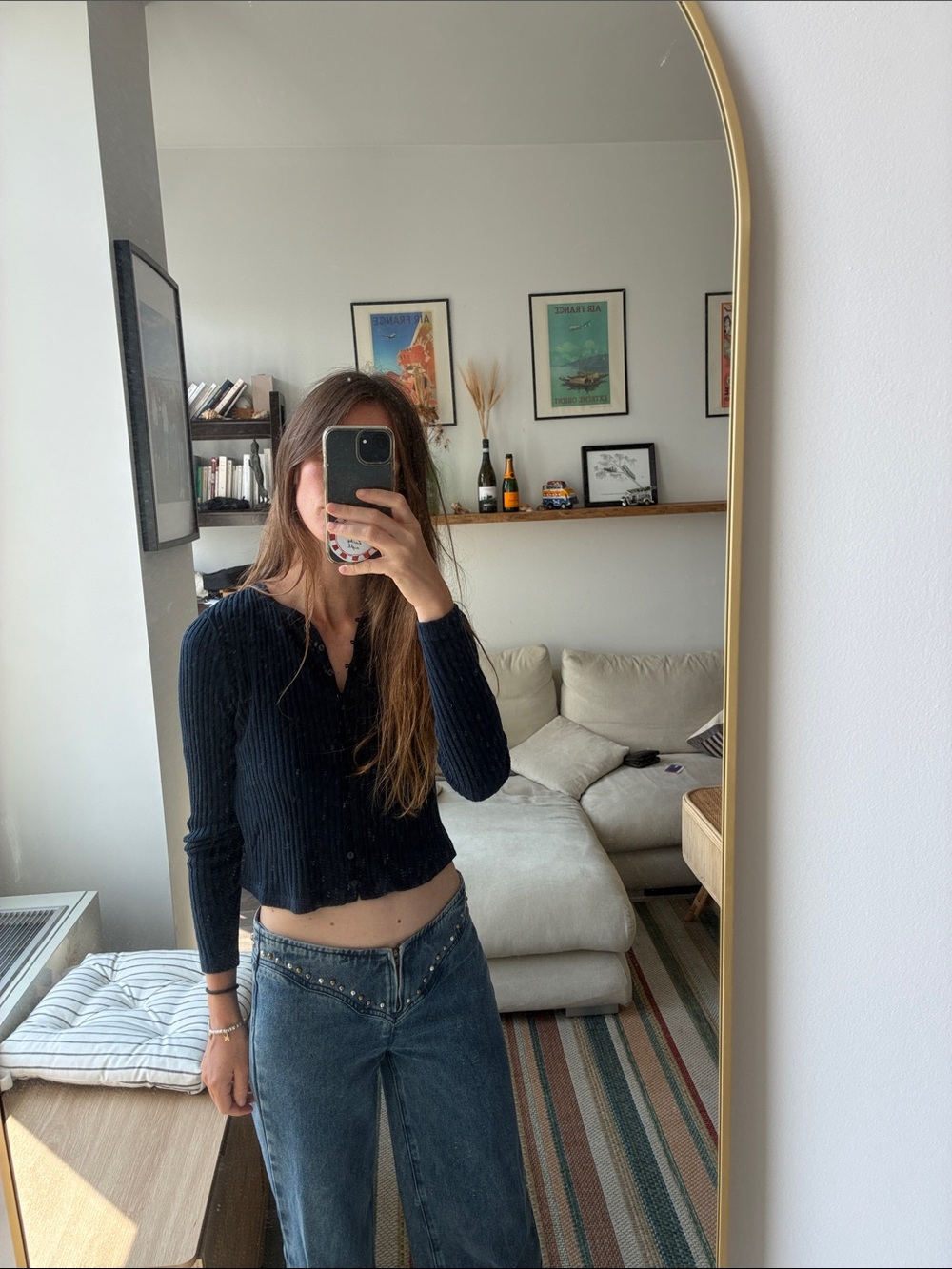 Massimo Dutti Navy Ribbed Button-Front Cropped Top